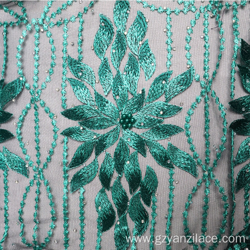 Green African Net Lace Pearl Embroidery Fabric